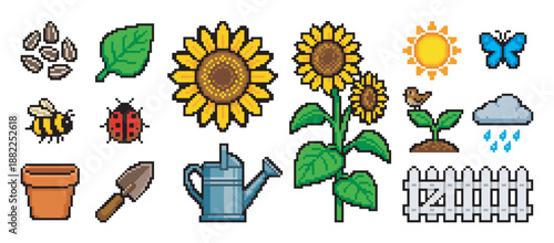 Pixel art gardening and nature icon set with a sunflower, bee, ladybug, and farming tools in a charming 8-bit retro video game style for a cute digital illustration
