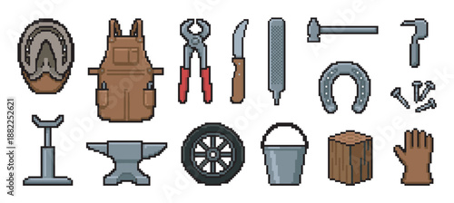 Pixel art collection of farrier and blacksmith tools featuring a horseshoe, anvil, hammer, apron, and hoof stand in a retro 8-bit video game sprite sheet style