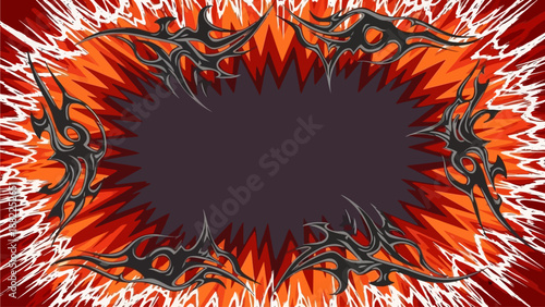 Abstract digital illustration of an explosion with fiery tendrils and sharp edges surrounding a dark center, viewed from a straight-on perspective