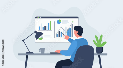 Businessman analyzing data on computer screen in modern office