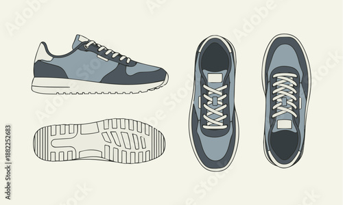Grey sneakers in four views for design and marketing needs