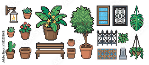 Large set of pixel art garden items including potted plants, a bench, lantern, and fence, created as icons in a retro 8-bit video game style for digital assets