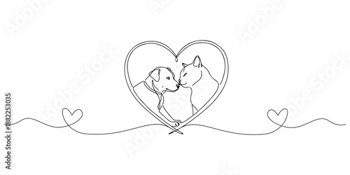 Continuous single line drawing of a cat and dog clinging to each other to form a heart, a pet love icon. Line art style vector illustration.