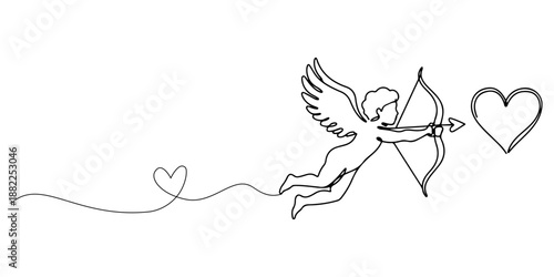 Continuous single line drawing of Cupid's arrow hitting a heart, a simple love icon of classic romance. Line art style vector illustration.