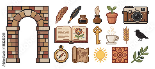 Charming collection of retro 8-bit pixel art icons featuring a brick arch, open book, vintage camera, golden key, and other elements for a fantasy adventure theme