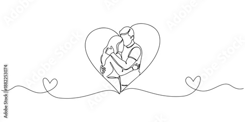 Continuous single line drawing of a couple hugging inside a heart outline, a warm affection icon. Line art style vector illustration.