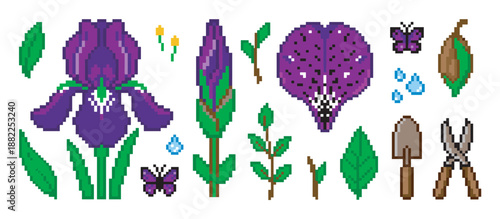 Charming pixel art assortment of purple iris flowers, garden tools like a trowel and shears, butterflies, and various leaves in a retro 8-bit video game aesthetic