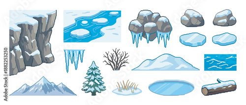 Pixel art winter landscape game assets collection featuring snowy mountains, a frozen river, rocks with icicles, a pine tree, and other nature elements for a retro video game