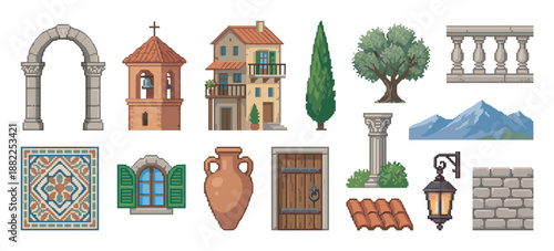 Pixel art collection of Mediterranean architectural elements including a house, bell tower, arch, column, and decorative tiles for a retro video game asset pack