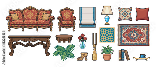 Pixel art set of classic furniture and home decor elements for interior design, featuring an ornate sofa, armchair, table, lamp, rug, and various decorative accessories for a vintage game