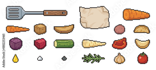 Pixel art food and cooking icon set with various vegetables, spices, and a spatula for a retro video game interface or recipe design, featuring detailed 8-bit graphics