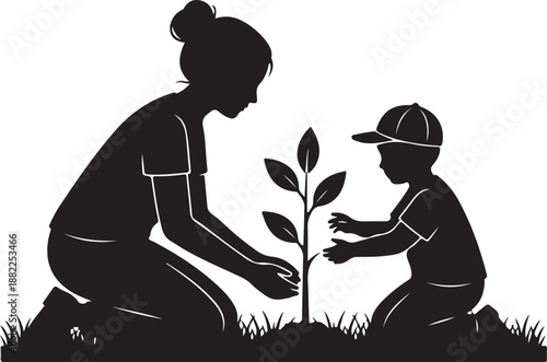 Mother and child planting a young tree together, fostering environmental stewardship and growth