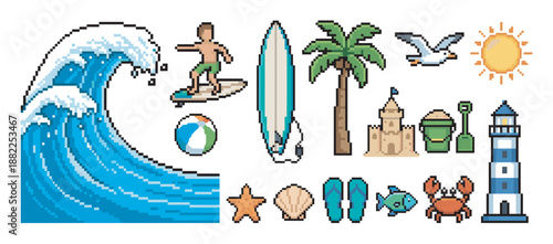 Collection of pixel art beach icons featuring a surfer, ocean wave, palm tree, and sandcastle in a retro 8-bit video game style for summer vacation and travel themes