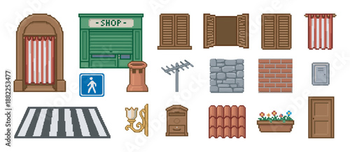 Pixel art set of city street elements for video game design, including a shopfront, windows with shutters, doors, a crosswalk, and various architectural details for building creation