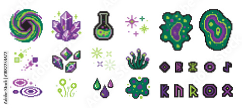 Collection of pixel art fantasy icons featuring a swirling vortex, magic crystals, a potion flask, alien blobs, and mysterious runes for a retro 8-bit video game interface