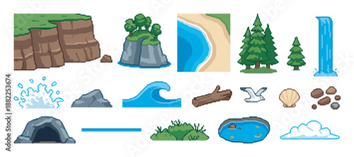 Collection of pixel art nature elements for video game design, including a cliff, island, trees, waterfall, beach, and wave in a classic retro 8-bit graphic style
