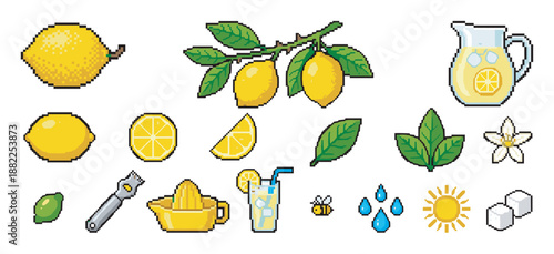 Pixel art lemon and lemonade icon set featuring citrus fruit, slices, a pitcher of juice, a glass, a squeezer, and a bee in a retro 8-bit video game style collection