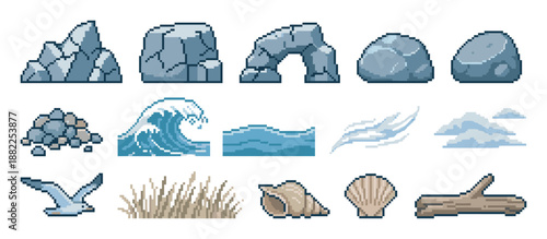 Set of pixel art beach and ocean icons with rocks, waves, shells, a seagull, clouds, and driftwood, created in a retro 8-bit style for video game development or digital art