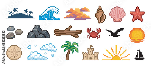 Pixel art collection of beach and summer icons including a wave, palm tree, shell, crab, and sandcastle in a retro 8-bit video game style for creative digital projects