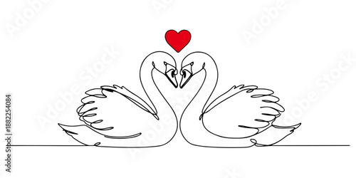 Continuous one-line drawing of two swans forming a heart, a graceful romantic symbol. Line art style vector illustration.