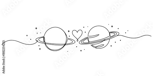 Continuous one line drawing of two planets connected by a heart orbit, a cosmic love story. Line art style vector illustration.