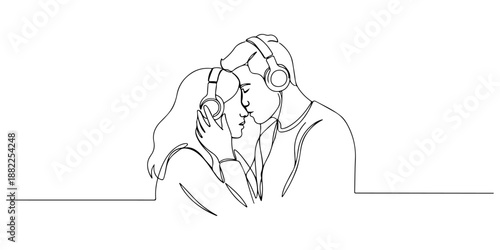 Continuous one-line drawing of a couple sharing headphones, an icon of love through music. Line art style vector illustration.