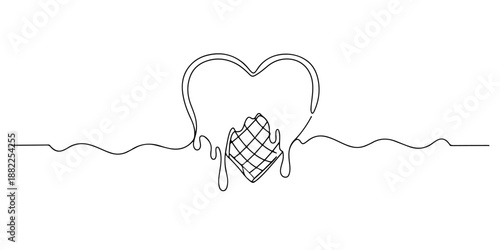 Continuous one line drawing of a heart melting like ice cream, a metaphor for sweet and intense love. Line art style vector illustration.