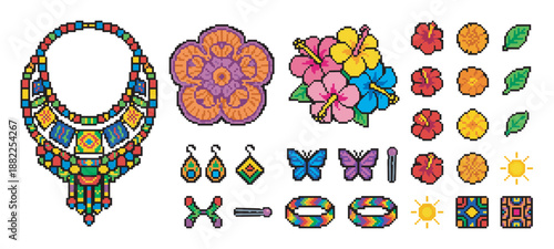 Colorful pixel art icon set of jewelry and tropical flowers featuring a large ethnic necklace, hibiscus, butterflies, and bracelets in a retro 8-bit video game style