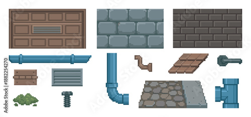 Collection of pixel art construction assets for game development, including a garage door, brick and stone textures, pipes, roof tiles, a key, and a cobblestone path