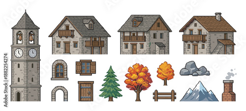 Pixel art set of medieval village assets for game development, including a stone clock tower, houses, autumn trees, a mountain, and various architectural elements