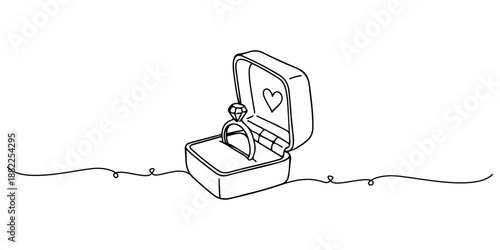 Continuous one-line drawing of a ring box with a heart, a minimalist proposal icon. Line art style vector illustration.