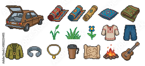 Pixel art sprite sheet of various objects for a nomadic journey, showing a hatchback car, oriental carpets, folk costume, campfire, and guitar