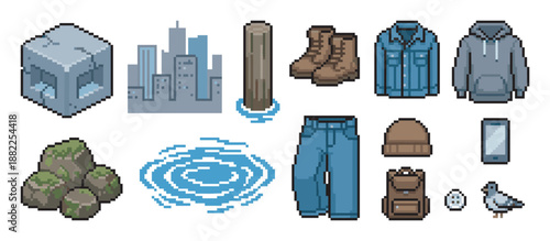 Collection of pixel art video game assets featuring clothing, urban elements, and nature items for a retro adventure, including a hoodie, jeans, boots, and a city skyline