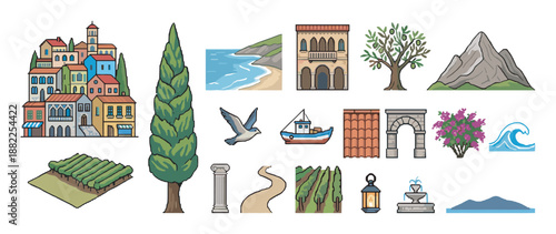 Detailed collection of colorful Mediterranean travel illustrations depicting a coastal village, cypress tree, olive grove, fishing boat, and ancient architectural elements in a clean, simple style