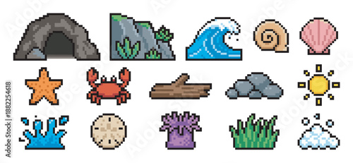 Pixel art beach and sea life icons set with a crab, starfish, shell, wave, and sun in a retro 8-bit video game style for creative digital projects