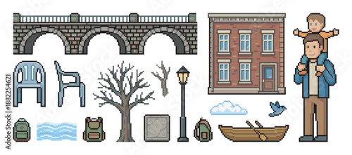 Set of pixel art game assets featuring a townhouse, arched bridge, father carrying a child, bare tree, lamppost, and other urban and nature elements in a retro 8-bit style