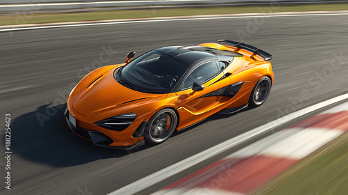 Vibrant orange high performance sports car driving fast on a professional asphalt racing circuit during daytime