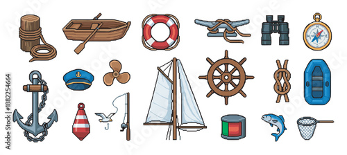 Collection of nautical themed pixel art icons including a boat, anchor, compass, and ship's wheel in a retro 8-bit video game style illustration set for marine adventures