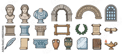 Set of ancient Greek and Roman pixel art icons featuring marble statues, columns, arches, scrolls, and an amphora, designed as retro video game assets or sprites for a historical theme