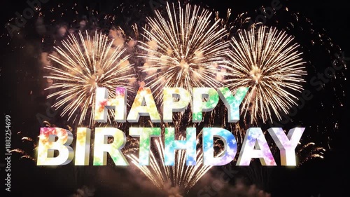 Wallpaper Mural Multicolored 'HAPPY BIRTHDAY' text with fireworks exploding in the background against a dark night sky with a shallow depth of field. Torontodigital.ca
