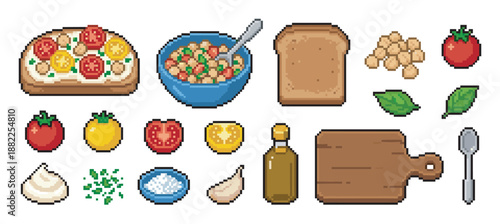 Pixel art food icon set with toast, chickpea salad, tomato, bread, and cooking ingredients in a retro 8-bit video game style for a healthy vegetarian meal concept
