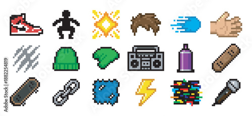 Set of pixel art street culture icons featuring a skateboard, boombox, spray can, and microphone in a retro 8-bit video game aesthetic for creative graphic design elements