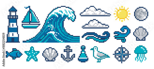 Pixel art nautical icon set with a lighthouse, sailboat, ocean wave, and marine animals in a retro 8-bit video game style, featuring various sea and beach elements
