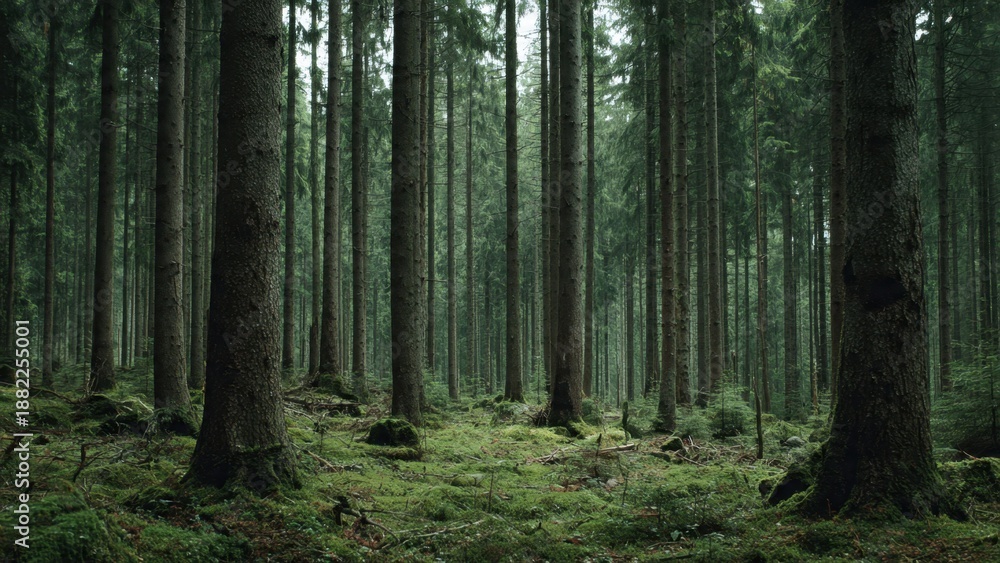 Obraz premium Dense green forest with tall trees