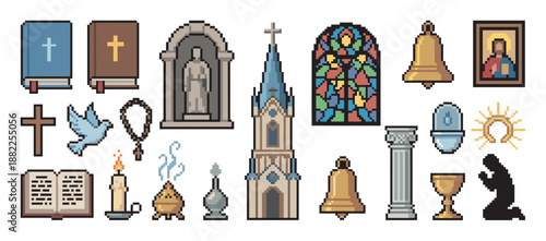 Set of Christian religious pixel art icons featuring a church, bible, cross, stained glass, and chalice in a retro 8-bit video game sprite sheet style for digital design