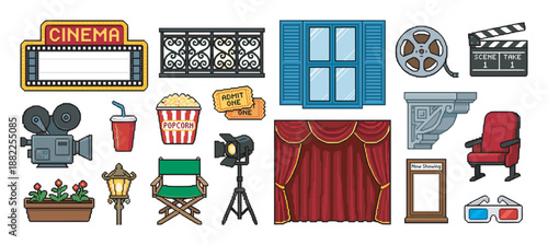 Collection of cinema and movie theater icons in a pixel art style, including a camera, popcorn, tickets, and a marquee sign for entertainment and film concepts