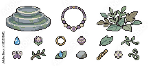 Collection of pixel art fantasy icons featuring a stone fountain, jewelry, plants, and natural elements for a role-playing game asset pack with a vintage 8-bit aesthetic