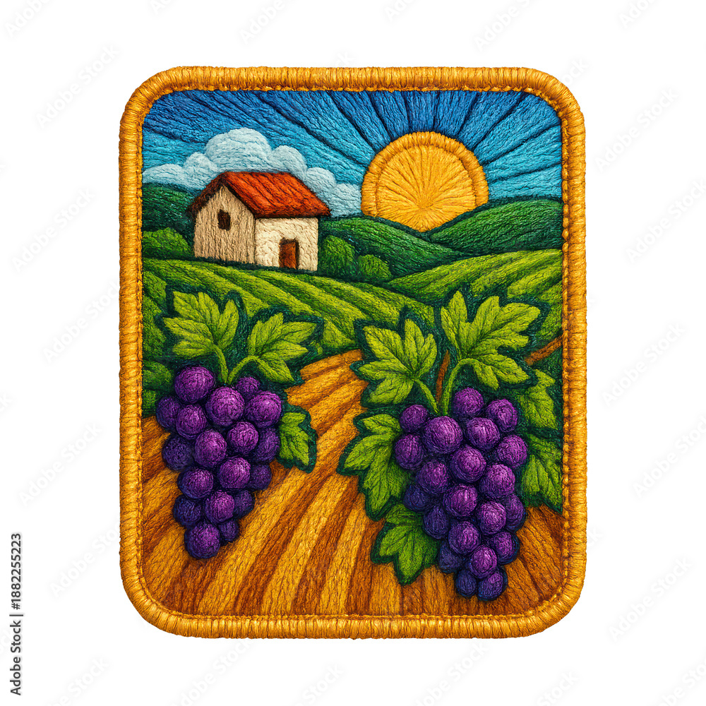Naklejka premium PNG Vibrant vineyard embroidery patch design.