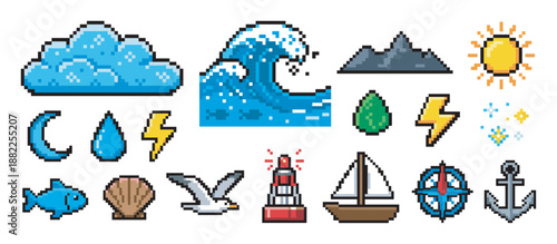 Set of pixel art icons showing nautical and weather elements like a wave, cloud, sun, sailboat, anchor, and compass in a retro 8-bit video game style illustration