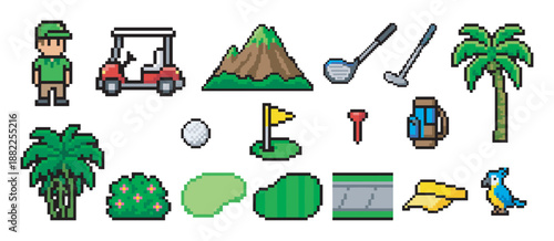 Pixel art golf game icon set with a golfer, cart, ball, club, and course elements for a retro video game design, featuring a tropical theme with a palm tree and parrot
